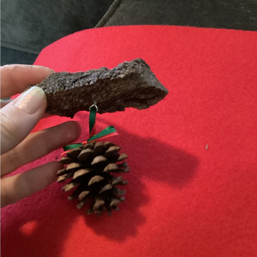 🎄Natural Pinecone and Bark Ornament with Red and Green Ribbon